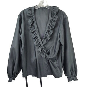 Vintage Satin Ruffle Blouse Puff Sleeve Tie Waist Black Victorian Style